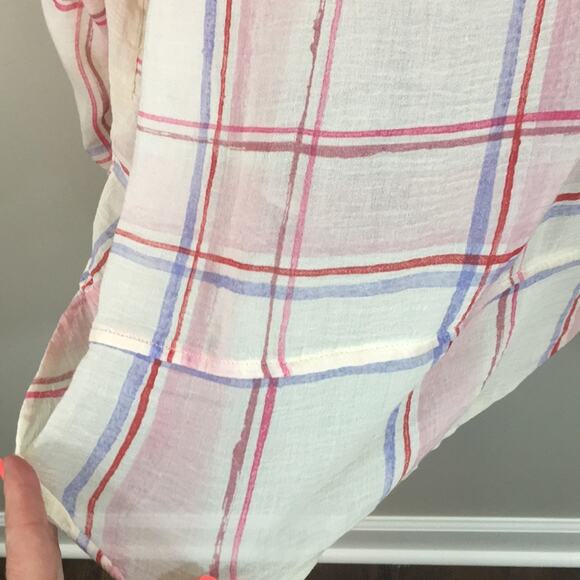 Anthropologie Holding Horses Brushed Plaid Cream/Pink Sheer Button Down Top - Picture 6 of 7